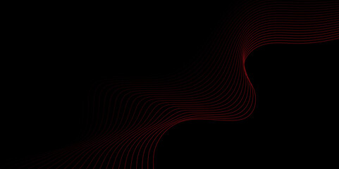 Abstract smooth red wavy line on a black background. Black background with wave design. Abstract background with red geometric wavy glowing lines.  Futuristic digital high-technology banner. Vector 