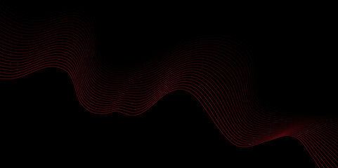 Abstract smooth red wavy line on a black background. Black background with wave design. Abstract background with red geometric wavy glowing lines.  Futuristic digital high-technology banner. Vector 
