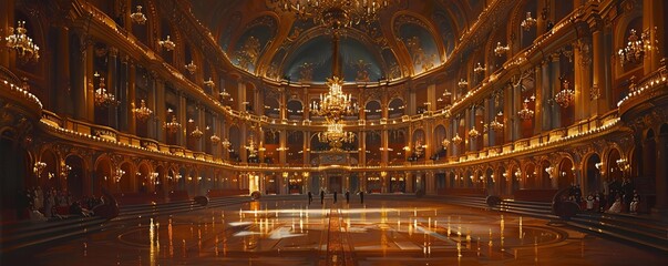 Obraz premium A classic oil painting of a grand opera house, its opulent interior illuminated by chandeliers and filled with the sounds of music and applause.