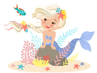 Hand drawn vector illustration of a beautiful mermaid girl with a blonde braid among seaweed and corals. Underwater sea life of coral reef