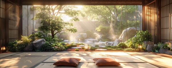 Fototapeta premium A traditional Japanese teahouse with tatami mats, shoji screens, and a serene garden.