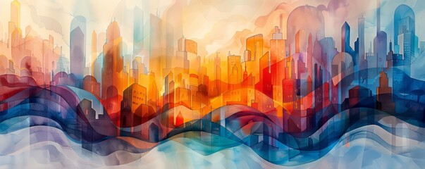 Obraz premium A watercolor painting of a futuristic city nestled among towering skyscrapers, its vibrant colors and flowing lines creating a sense of wonder.