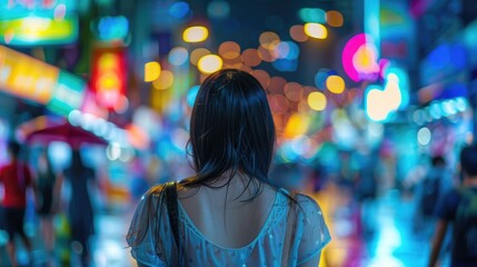 Naklejka premium Urban Nightlife Vibes: Woman's Back View in Yaowarat Street, Bangkok