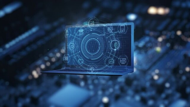 Laptop's virtual space featuring dynamic infographic imagery.
