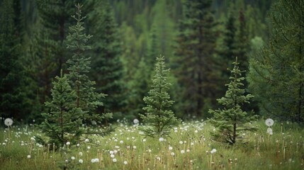 Fototapeta premium Young spruce trees thrive in a dandelion filled field amidst the forest backdrop
