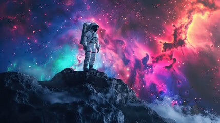 Fototapeta premium Astronaut on the surface of a rock with a space colorful background, an astronaut walks on the moon in a space suit. Generative AI