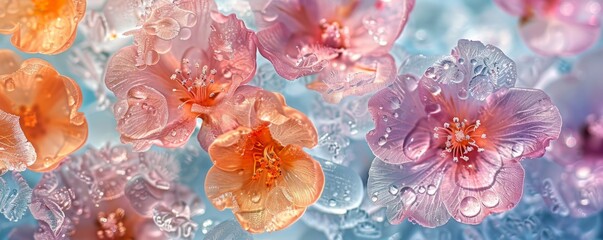 abstract colorful art background with summer flowers frozen in ice