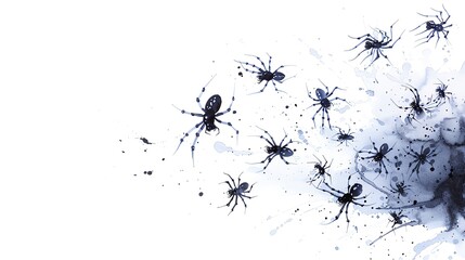 Abstract watercolor illustration of spiders in an artistic style against a white background, perfect for Halloween or spooky designs.