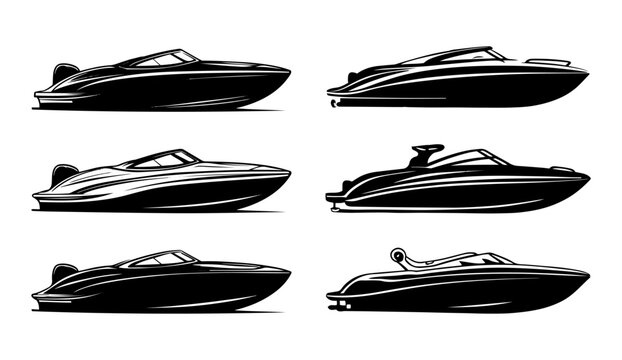 Set of iconic speedboat and motorboat silhouettes. Boat logo and clipart vector collection.