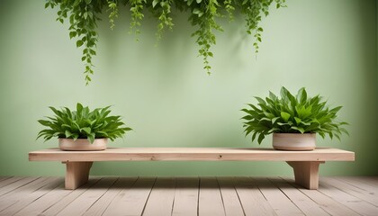 minimal soft studio light photography, Three weathered wooden platforms festooned with vibrant green leaves, framed by a calming peach-hued environment, high detail, solid bold color background