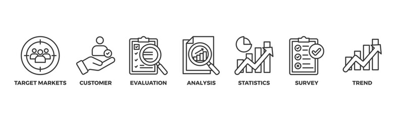 Market research banner web icon illustration concept with icon of target markets, customer, evaluation, analysis, statistics, survey and trend