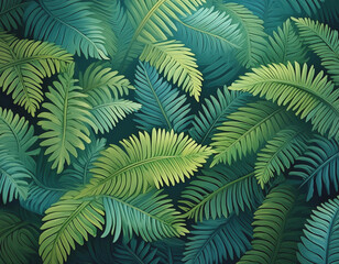 Background of Fern Fronds in Varying Shades of Green Illustration AI