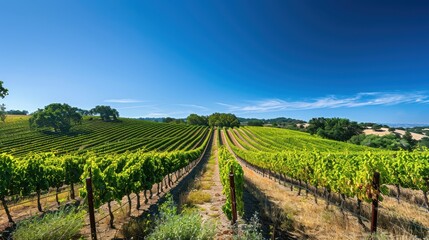 Naklejka premium Serene Vineyard Landscape: Rows of Grapevines in Rolling Vineyards under a Clear Blue Sky