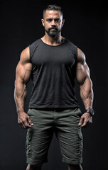 portrait of a man in black t shirt and jeans on a black background created with Generative AI technology