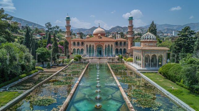 Drone photo of the tranquil gardens of Babur in Kabul, Afghanistan