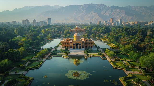 Drone photo of the tranquil gardens of Babur in Kabul, Afghanistan