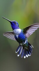 Naklejka premium An enchanting image of a blue hummingbird suspended in flight, set against a dreamy bokeh background that enhances its delicate features.