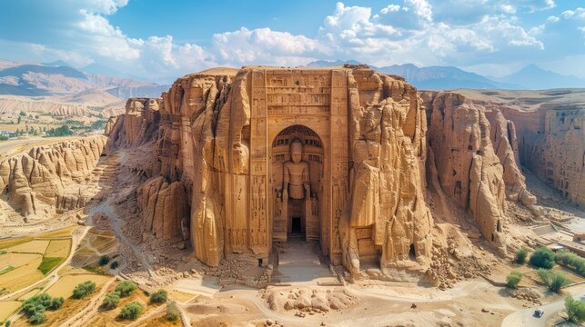 Drone view of the historical Buddhas of Bamiyan site in Afghanistan
