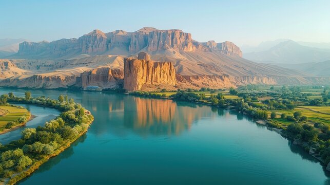 Drone view of the scenic Shahr-e Gholghola in Bamiyan, Afghanistan