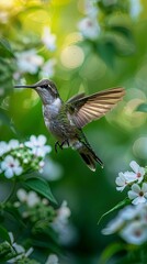 Fototapeta premium Hummingbird Hovering Near Blooming White Flowers
