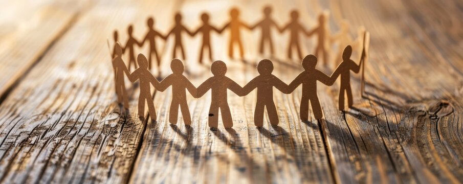 Paper figures holding hands in a circle on a wooden surface, symbolizing unity and teamwork. Community and support concept