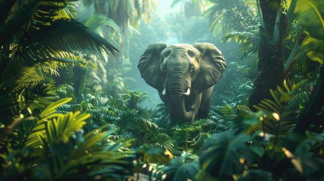 The elephant walks through the jungle.