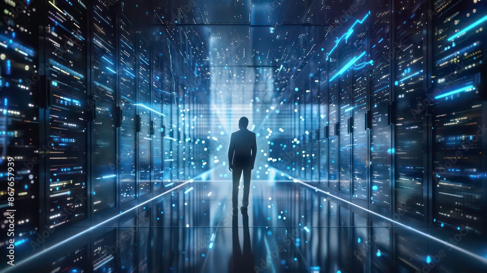 Poster businessman with virtual cyber security technology and online data protection for security of data s