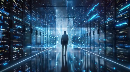 Businessman with virtual cyber security technology and online data protection for security of data storage used by global business network server to secure cyber information.