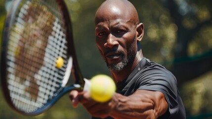 A focused bald African American man wearing a black shirt prepares to hit a tennis ball with his racket. The image captures the intensity of the moment just before he delivers a powerful serve