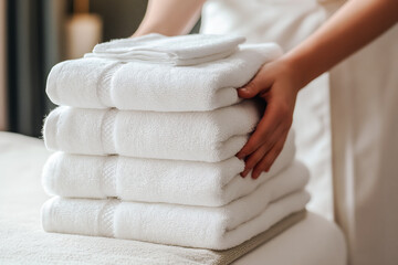 Woman putting fresh towels on bed in room, closeup