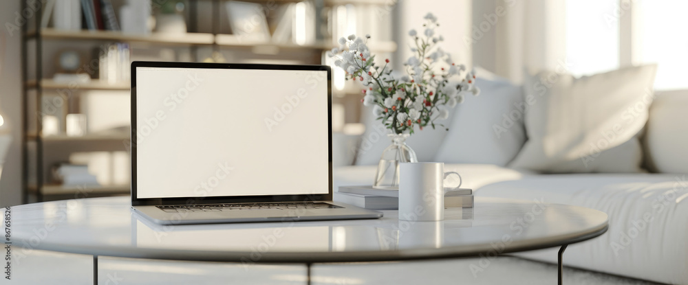 Wall mural a laptop is open on a table in a living room by ai generated image by ai generated image