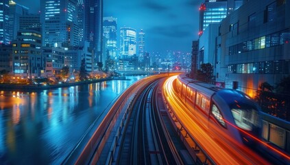 Fototapeta premium Nighttime Cityscape with a High-Speed Train