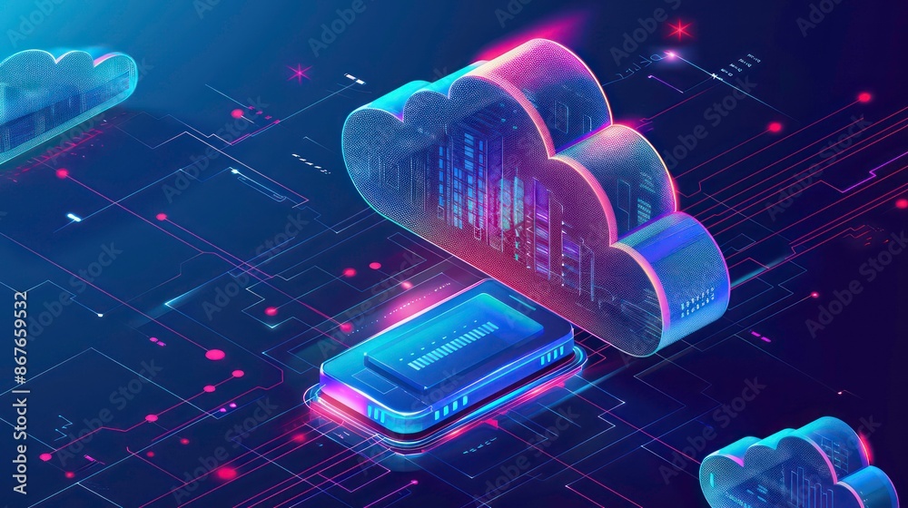 Poster cloud storage for downloading an isometric. a digital service or application with data transmission.