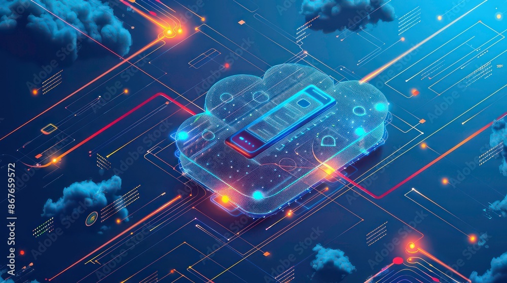 Poster cloud storage for downloading an isometric. a digital service or application with data transmission.
