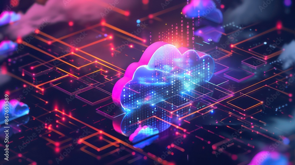 Poster cloud storage for downloading an isometric. a digital service or application with data transmission.