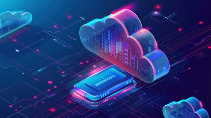 Cloud storage for downloading an isometric. A digital service or application with data transmission. Network computing technologies. Futuristic Server. Digital space. Data storage.