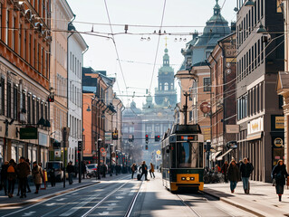 Pedestrians and tram on city street in Helsinki Finland