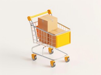 shopping cart with a cardboard box in an isometric view against a white background with a yellow color palette