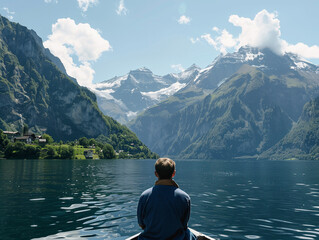 Fototapeta premium Rear view of man looking at mountain view while sitting on boat 