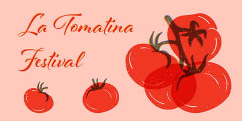La Tomatina Festival festive poster with tomatoes and text. Colorful horizontal poster for veggies holiday. Good for greeting card, poster or for social media