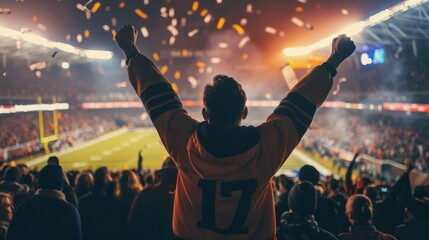 A silhouette of a fan cheering with arms raised in celebration amidst a crowd at a stadium. Confetti falls from the sky
