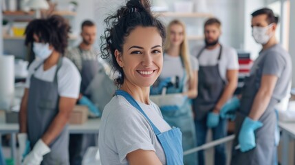 Professional cleaner girl and team working cleaning together in office or home, Young active people take care of room, company maintaining washing, dusting, mopping.