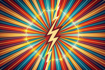 Fototapeta premium Vibrant retro-inspired abstract background featuring a dramatic lightning bolt explosion in bold 1970s-style stripes and colors, evoking a sense of excitement and energy.