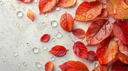 Fototapeta premium A Red And Blue Umbrella In A Forest With Falling Autumn Leaves And Rain