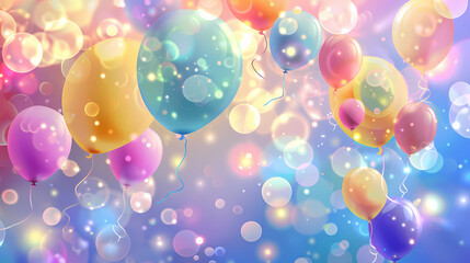 Colorful balloons flying on soft background with bokeh lights
