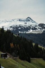 Schneebedeckte Berge und W&auml;lder mit einsamen H&uuml;tten