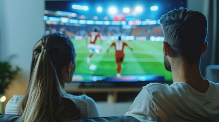A couple watches soccer on TV, woman in a ponytail, man with short hair, image from behind, both engrossed in the game