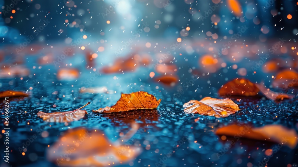 Wall mural A Red And Blue Umbrella In A Forest With Falling Autumn Leaves And Rain