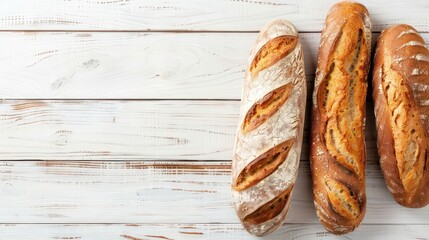 top view brown loaf of whole grain bread and baguette made from whole grain flour on a white wooden background. Generative AI