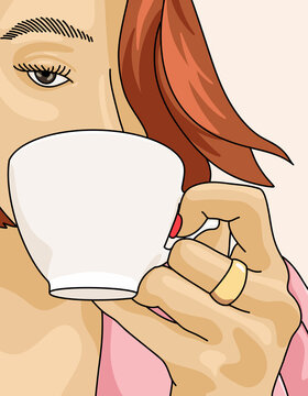 Woman Having a Coffee Holding a Blank Mug with Copy Space for Branded Content, Logo or Custom Text Template Mockup Illustrated Design